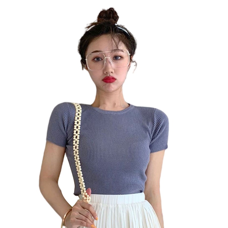 Áo Croptop Dệt Kim Tay Ngắn Cổ Tròn Màu Sắc Ngọt Ngào Thời Trang Mùa Hè Cho Nữ