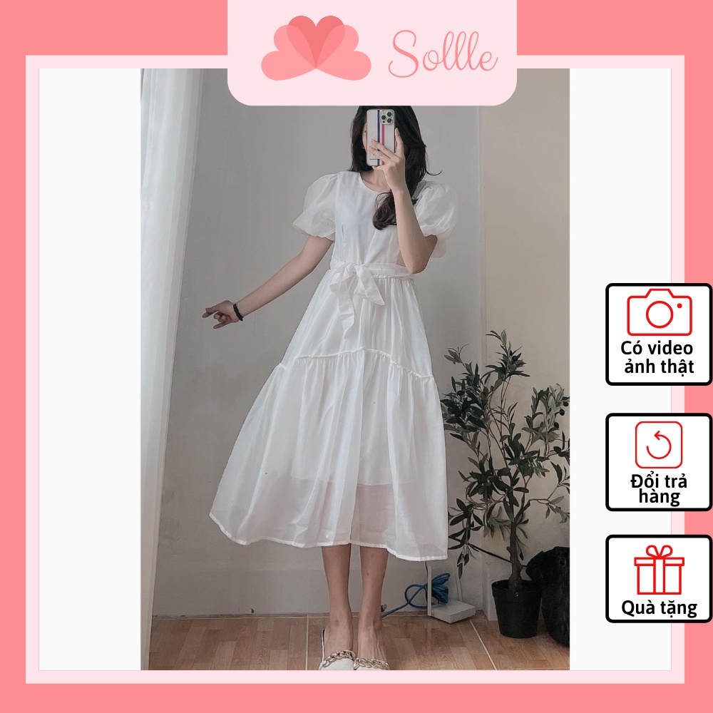 Đầm váy trắng dáng babydoll dài cổ tròn thắt nơ eo tay bồng voan 2 lớp ulzzang Hàn Quốc Sollle VBD007