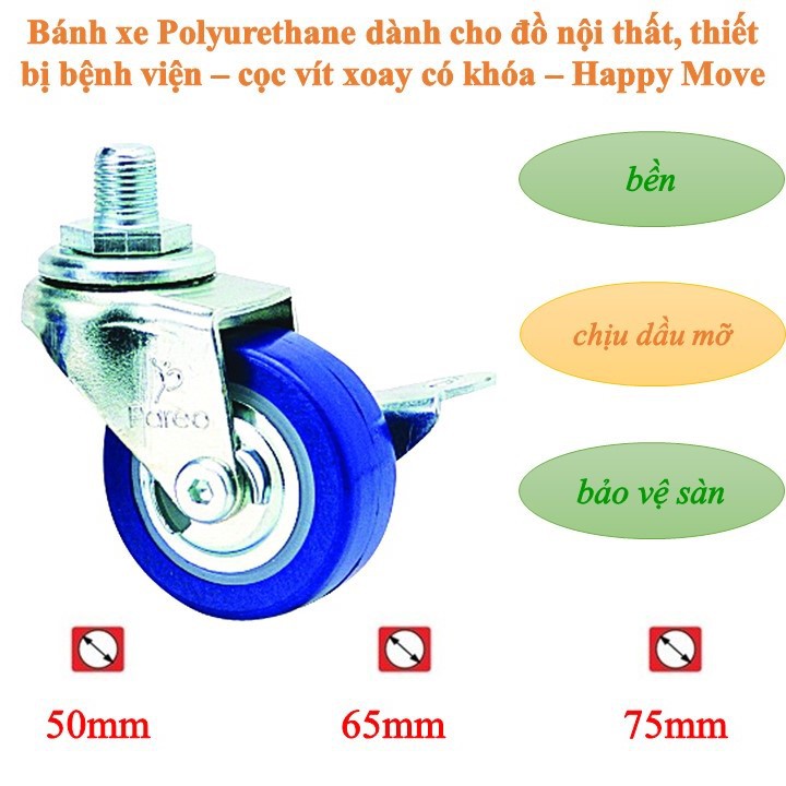 Bánh xe đẩy/Bánh xe cọc vít xoay có khóa dùng cho đồ nội thất, thiết bị bệnh viện (màu xanh dương - Thái Lan)