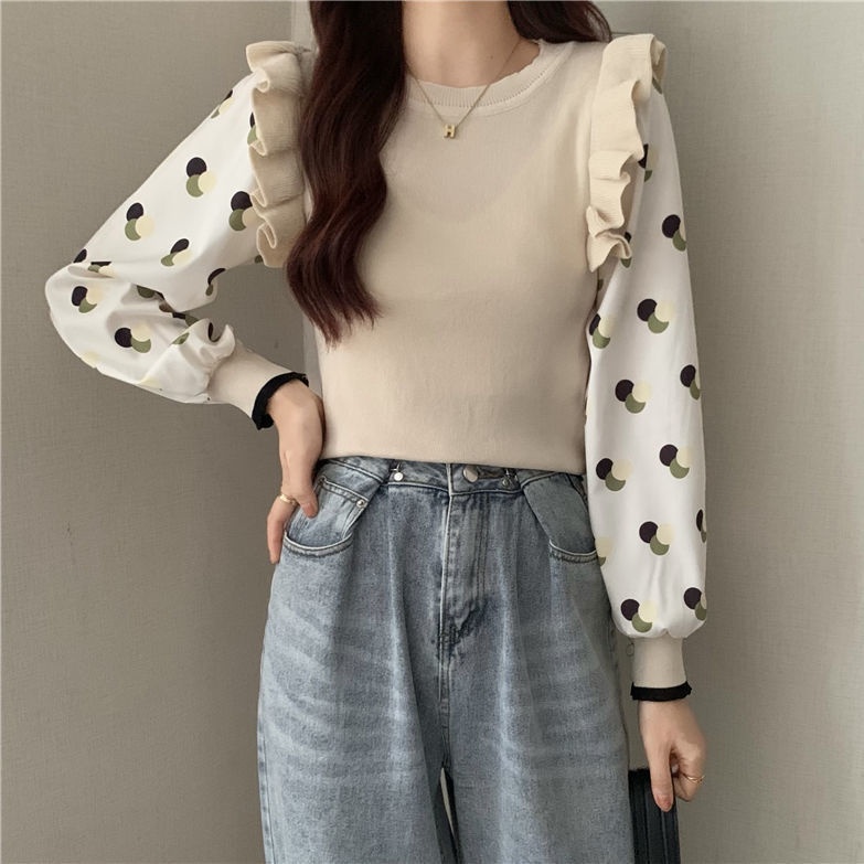 Áo dệt kim tay dài cổ tròn chui đầu viền xoăn dạng ghép nối họa tiết chấm bi thời trang mùa thu cá tính