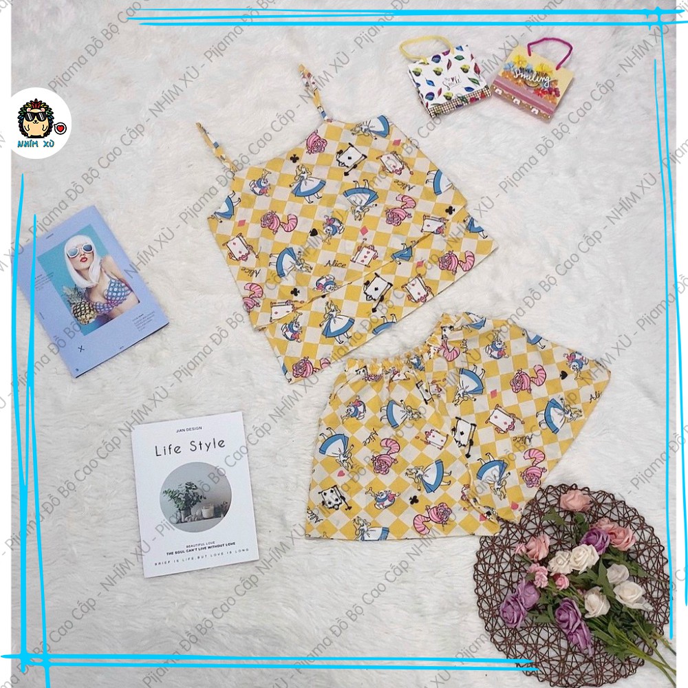 Đồ Bộ Ngủ Pijama Mặc Nhà Quần Đùi Áo 2 Dây Vải Satin Cao Cấp Alice Wonderlands