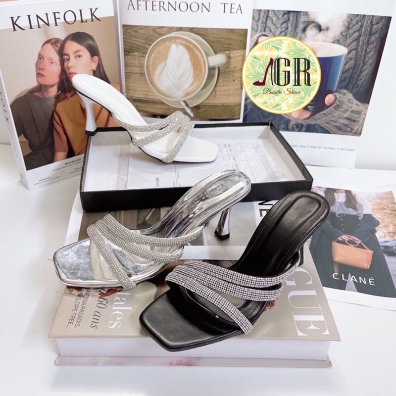 Guốc 3 quai xéo đá tròn da mềm gót nhọn 6 cm