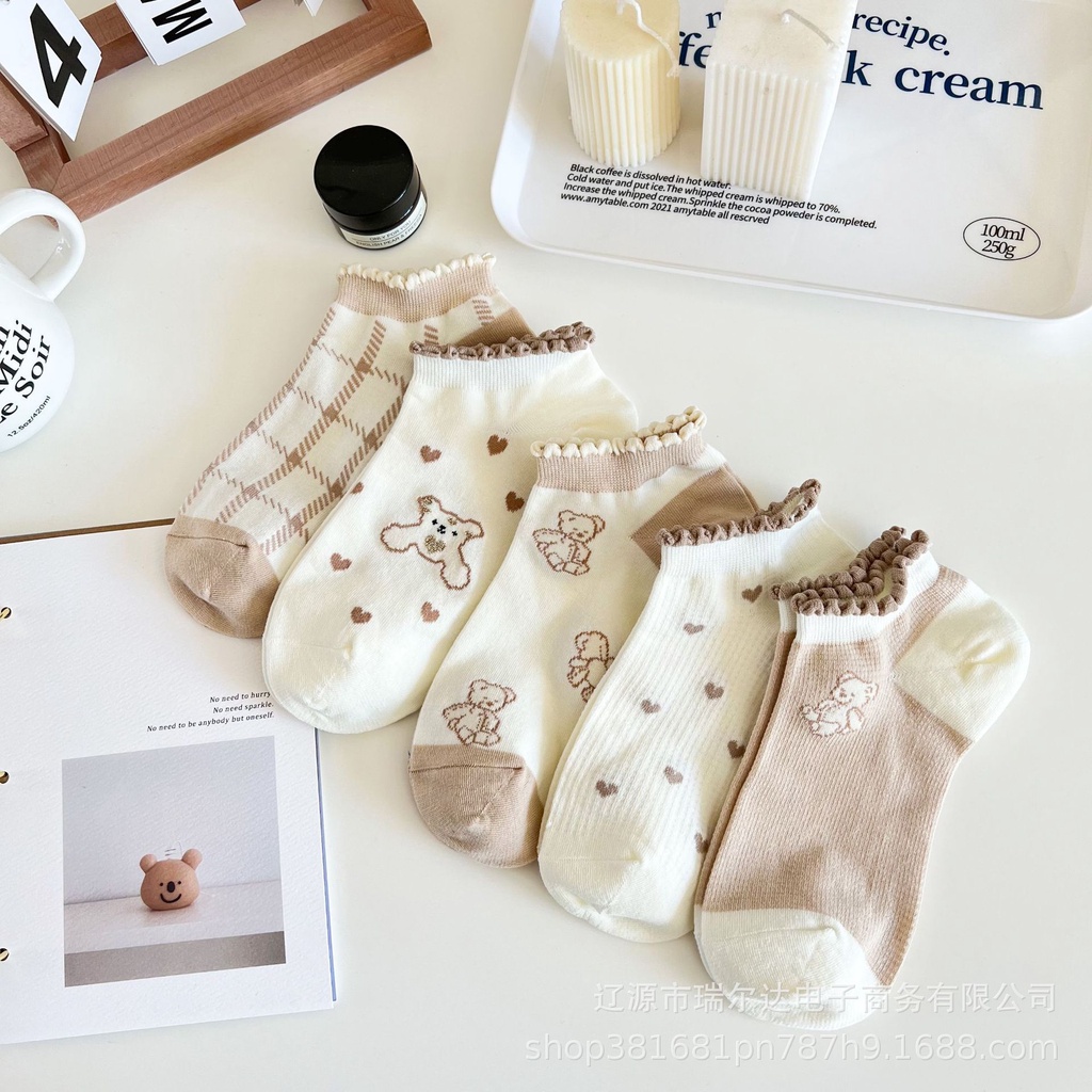 Set 5 Đôi Tất cotton Cổ Thấp In Hình Gấu Hoạt Hình Đáng Yêu Cho Nữ