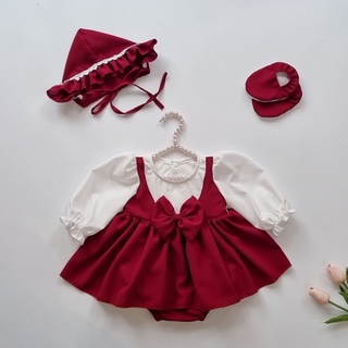 Bodysuit Váy Đỏ Đô, Body Váy Trắng Nơ Ngực Thiết Kế Tươi Tắn Cho Bé (tặng kèm phụ kiện)