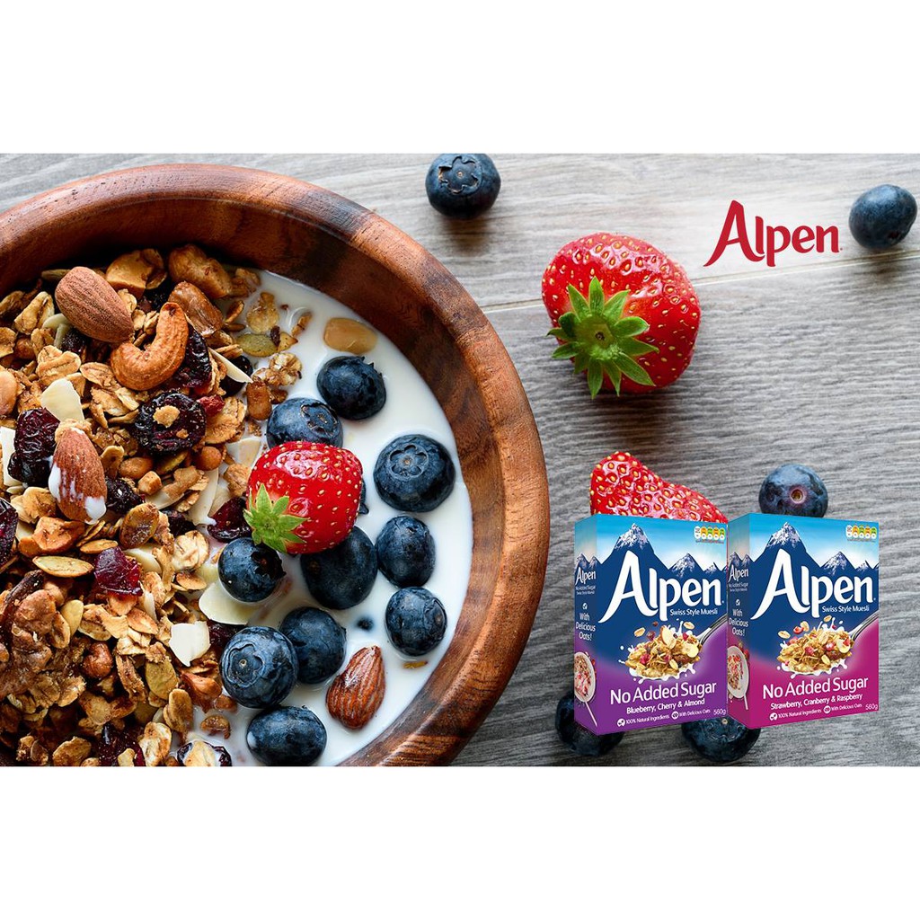 Ngũ cốc giảm cân hoa quả sấy khô Alpen không đường việt quất, cherry, hạnh nhân 560g nhập khẩu Anh đủ 4 loại