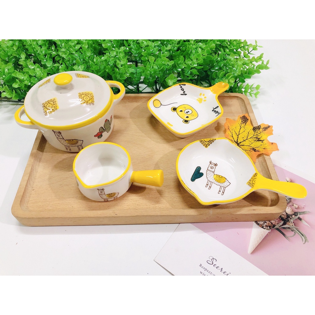 Set bát sứ ăn dặm cho bé xinh yêu: 1 nồi có nắp S39, 1 đĩa tròn S40, 1 đĩa vuông S40 + 1 gáo S41 - Combo 𝐒𝟒𝟐