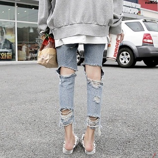 Quần Jeans Nữ Lưng Cao Ống Rộng Rách Gối Thời Trang Hàn Quốc