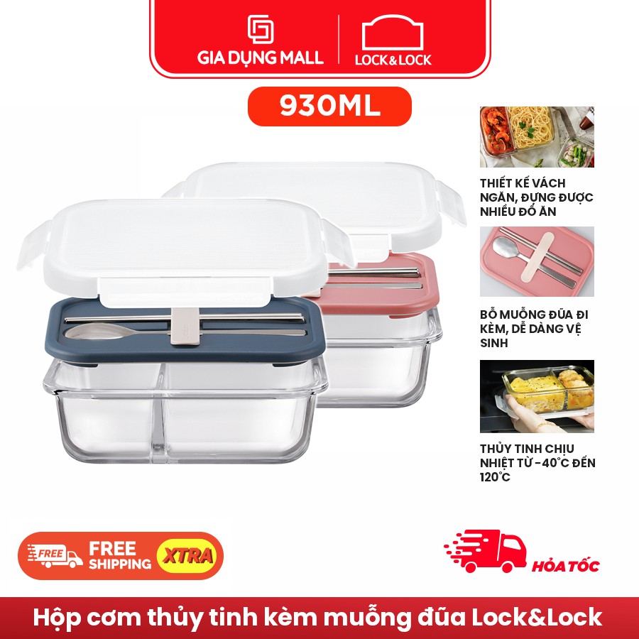 Hộp cơm thủy tinh kèm muỗng đũa LocknLock LLG991CL 930ml - Chịu nhiệt 120 độ - Hàng Chính Hãng