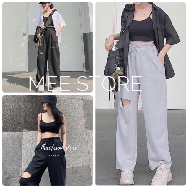 Quần ống rộng nữ Meestore - Nỉ dáng rộng cạp chun rách gối lai tưa Unisex