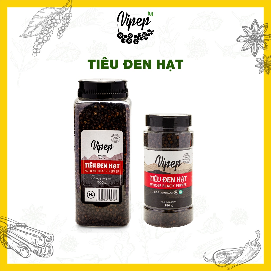 Tiêu đen hạt Vipep, hạt tiêu chắc đều không bị lép, 100% nguyên liệu sạch (500g - 250g)