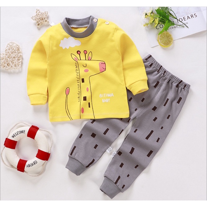 Đồ bộ cho bé in hình ngộ nghĩnh cotton mềm và ấm, Bộ dài tay cho bé trai bé gái
