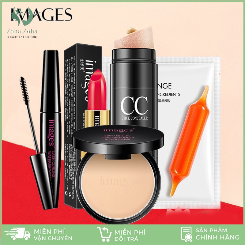 Set trang điểm IMAGES Kem CC + Phấn phủ + Son thỏi + Mascara + Mặt nạ cam đỏ IO-O1