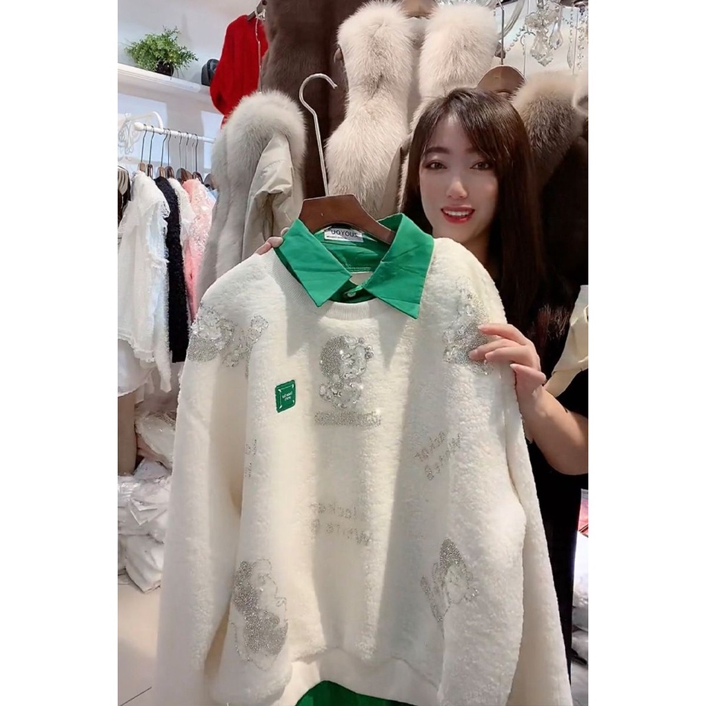 Áo Sweater Giả Lông Cừu Giả Hai Mảnh Ghép Nối Cổ Áo In Chữ Doraemon Mùa Thu Đông Châu Âu Cho Nữ