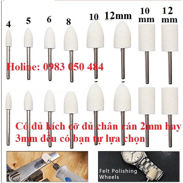 Đầu nỉ đánh bóng trang sức, đá quý nhập khẩu Đức hình nón cán 3mm hoặc 2mm