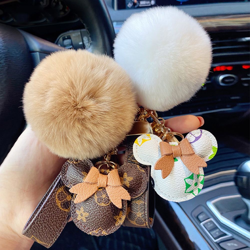 Móc khóa gắn mặt hình chuột Mickey bằng da PU phối vải bông dễ thương