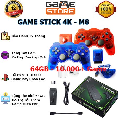 Game Stick 4K - M8 + Tay cầm cao cấp, cài sẵn 10.000 game + 30 game mới, máy điện tử 4 nút HDMI cầm tay không dây