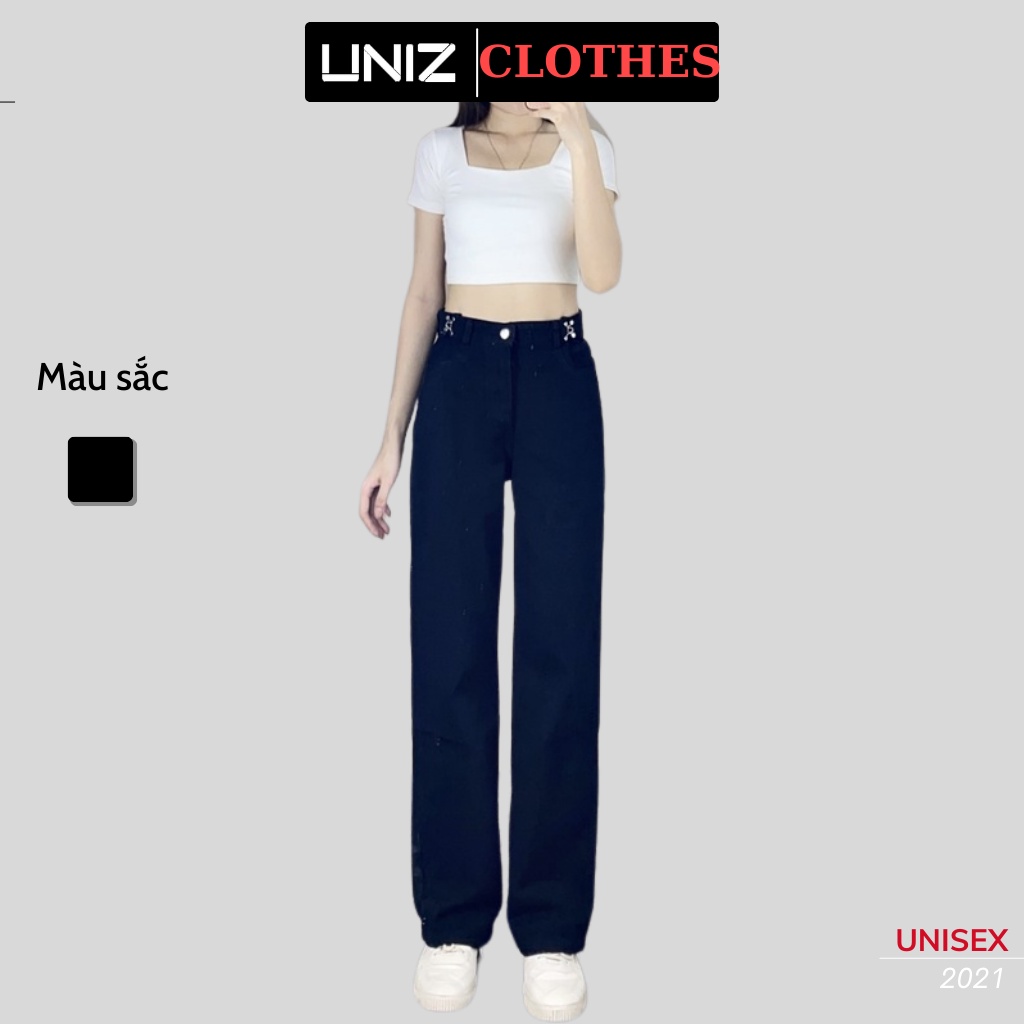 Quần Jean Suông Trơn UNIZ (Màu Đen), Unisex, Dáng Dài, Cạp Cao, Móc Cài, Ống Suông Và Rộng, Vải Jean Mềm, Không Bai