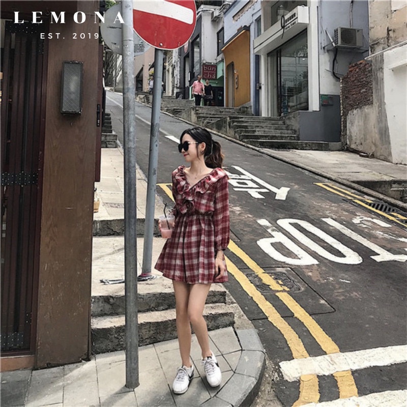 Jumsuit Váy Áo Liền Quần Kẻ Sọc Caro Bèo Nữ Tính Phong Cách Nữ Tính Idol Hàn Quốc