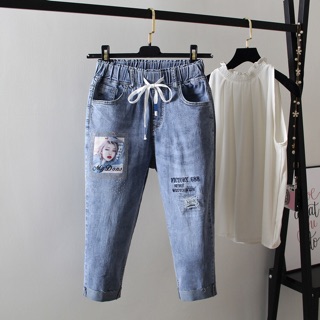 Quần jean lửng big size lưng thun in hình cô gái size đại 65-90kg