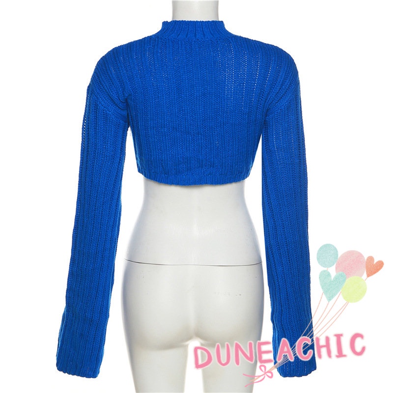 DUNEA Áo Sweater Dệt Kim Tay Loe Cổ Tròn Thiết Kế Quyến Rũ Cho Nữ