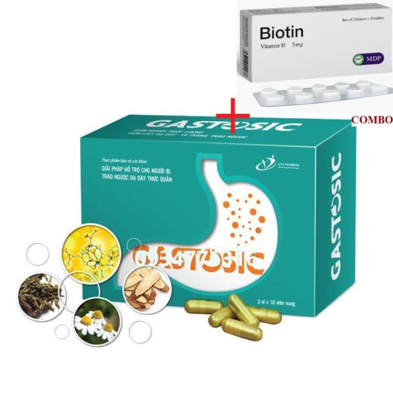 Combo Biotin 5mg+ Gastosic ngăn ngừa trào ngược dạ dày biến chứng tái phát hộp 3 vỉ x10 viên nang mềm