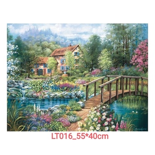 LT016 Tranh thêu chữ thập phong cảnh ngôi nhà đẹp chỉ lụa, chỉ thường