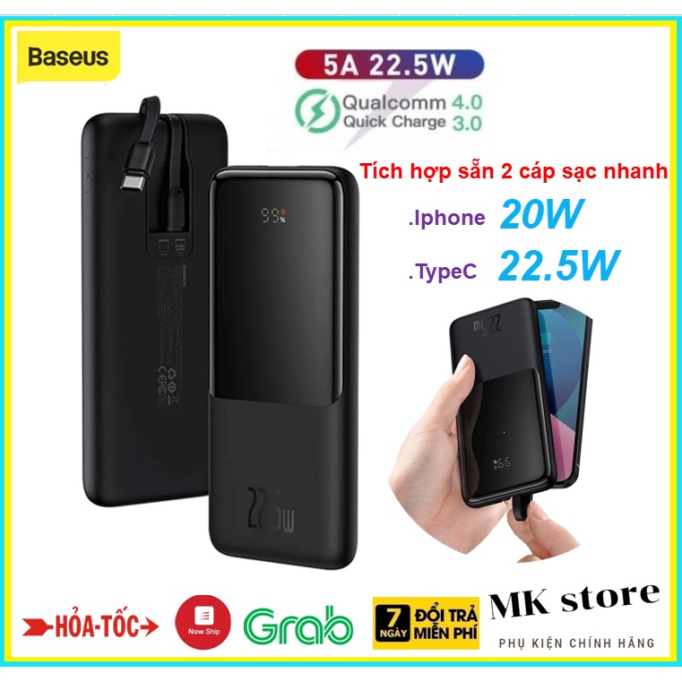 Pin Dự Phòng Sạc Nhanh 22.5W Tích Hợp 2 Cáp Sạc Nhanh IPhone , TypeC Baseus Elf Digital Màn hình kỹ thuật số.