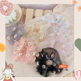 Scrunchies vải voan thêu hoa lá cỏ cây chỉ nổi