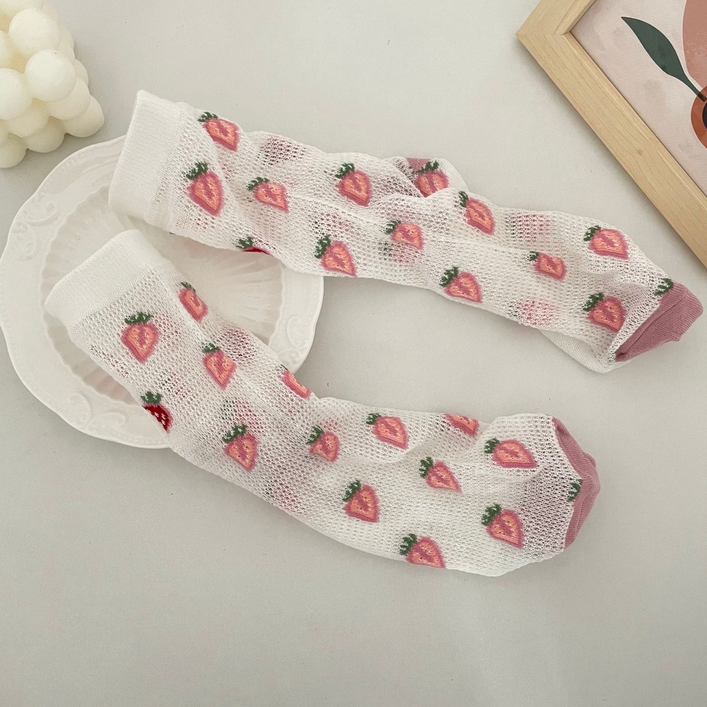 Tất Vớ Nữ Mùa Hè Hoạt Hình Lưới Ren Dâu Tây Lolita Siêu Dễ Thương