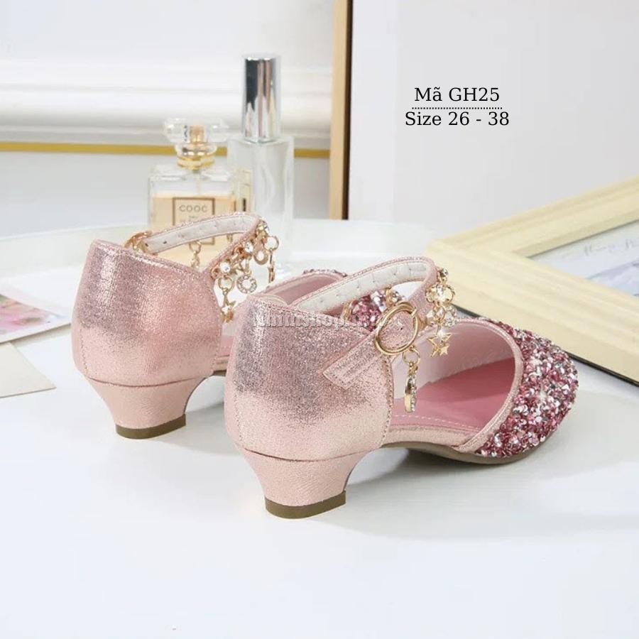 Giày búp bê cao gót đính đá cho bé gái 3 - 12 tuổi quai móc hồng điệu đà phù hợp trẻ em đi tiệc múa khiêu vũ GH25