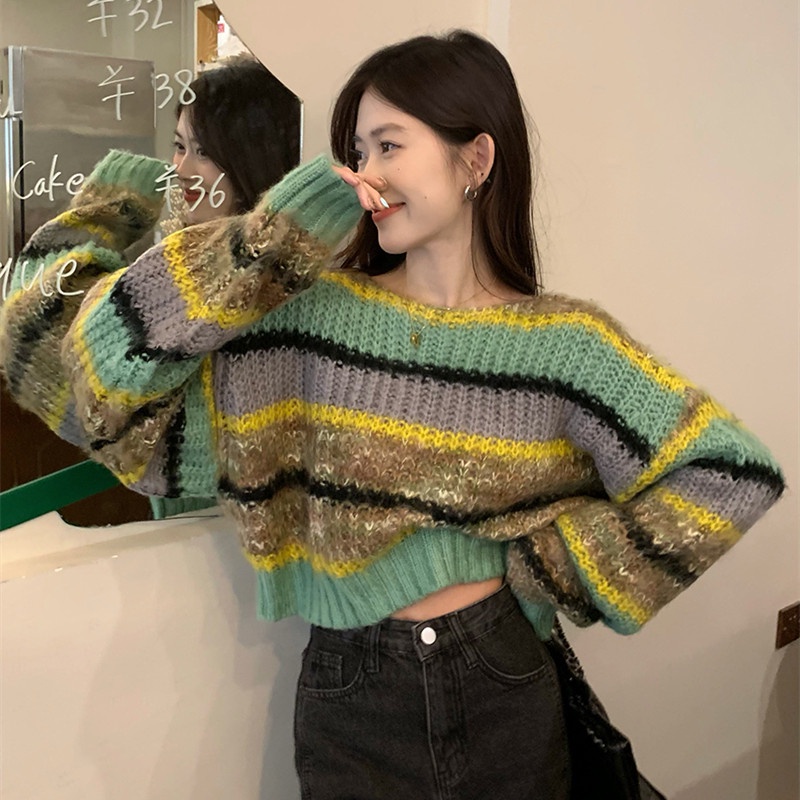 Áo Dệt Kim Tay Dài Kẻ Sọc Màu Tương Phản Thời Trang Mùa Thu Dễ Phối Đồ Cho Nữ