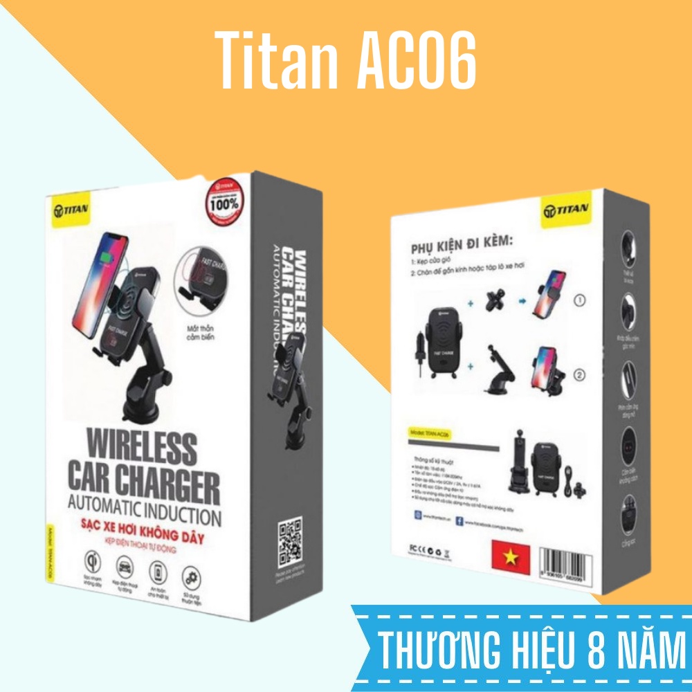 Sạc xe hơi không dây kiêm kẹp điện thoại Titan AC06, có sạc không dây, tự mở hút điện thoại