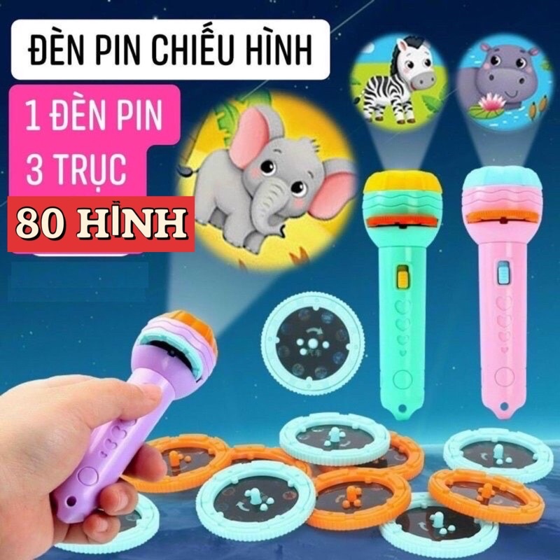 [Tặng Pin - 80 Hình] Đèn Pin Chiếu Hình Cho Bé 3D, Đèn Vẽ Thông Minh Có Nhiều Hình Động Vật Đáng Yêu