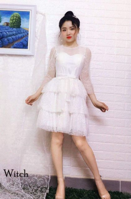 Đầm ren tầng tiểu thư nơ eo_ KÈM VIDEO SP