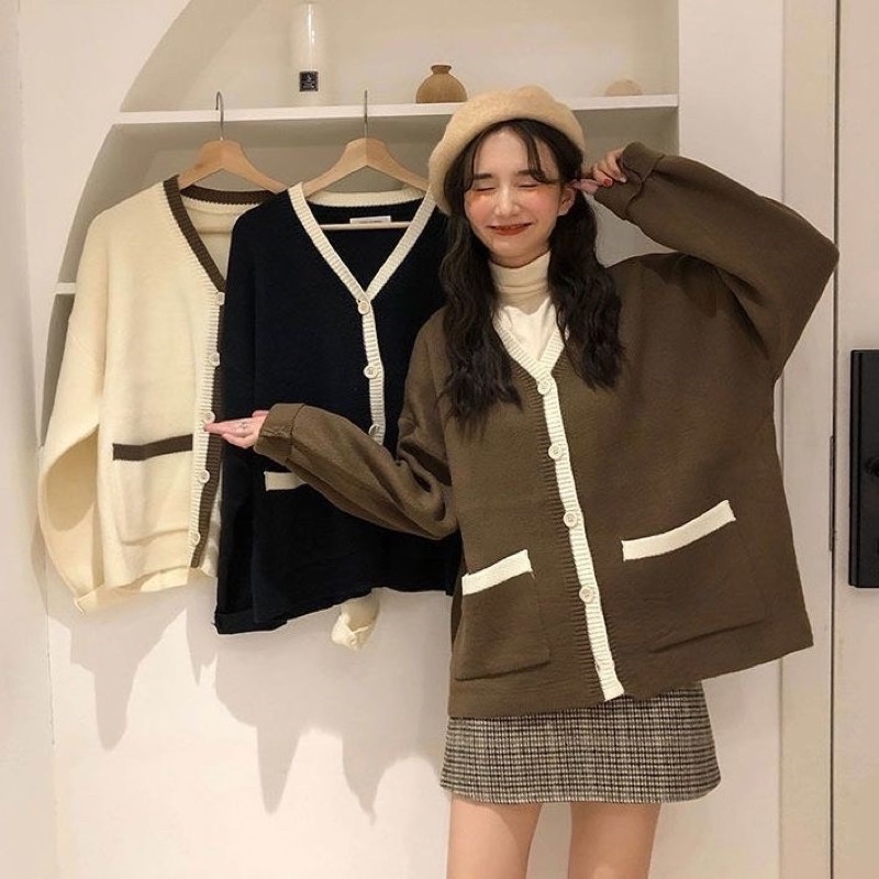 Áo len cardigan viền 2 túi siêu xinh from rộng - hàng có sẵn