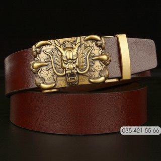 [FreeShip] Dây Lưng Da, Thắt Lưng Nam Da bò thật nguyên miếng, khóa tự động. Mặt đầu rồng 3D hợp kim cao cấp - NP97