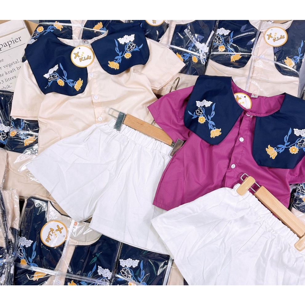 Bộ cộc tay bé gái, bộ size đại cổ than thêu hoa phong cách hàn quốc cho bé (20-40kg)