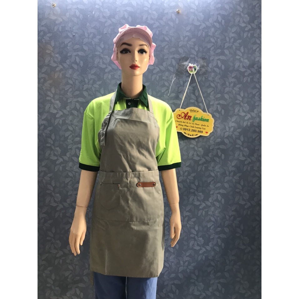 Tạp dề phối da 2 túi, tạp dề phục vụ nhà hang caffe gia đình - Hình chụp thật
