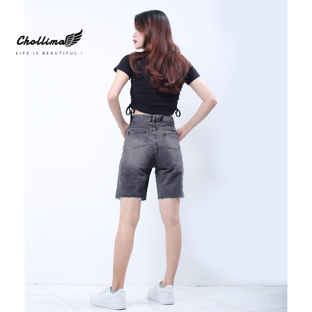 Quần shorts jean Chollima đắp túi nhỏ có nắp tua lai phong cách hàn quốc QS023