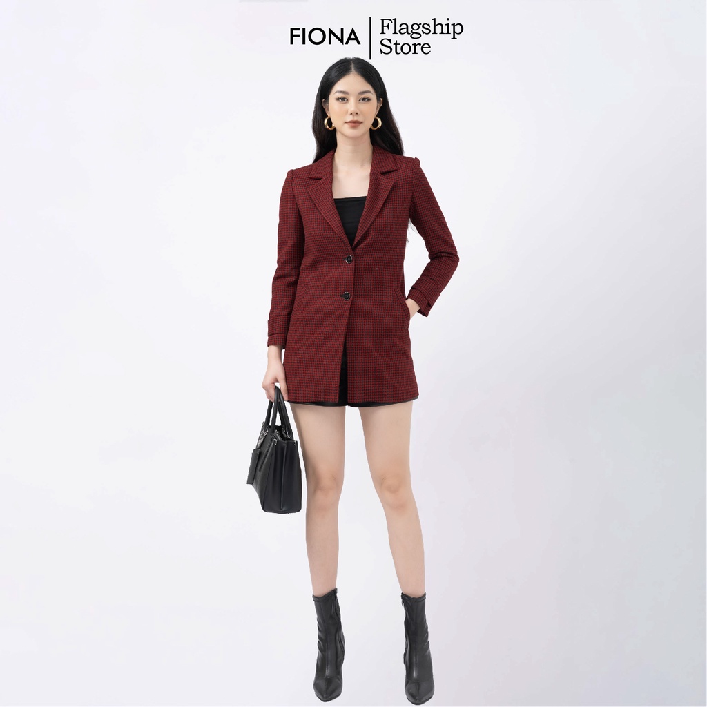 Áo khoác dạ nữ họa tiết màu đỏ đen cổ hai ve dài tay FIONA F651459
