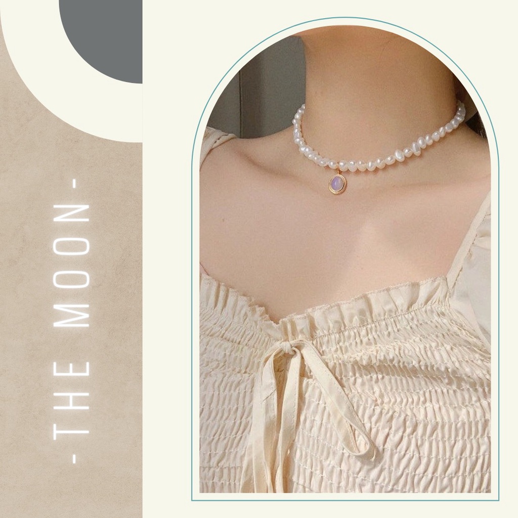 🐾 Dây chuyển đính ngọc mặt bầu dục Retro - THE MOON - Choker ngọc hạt cườm 🐾
