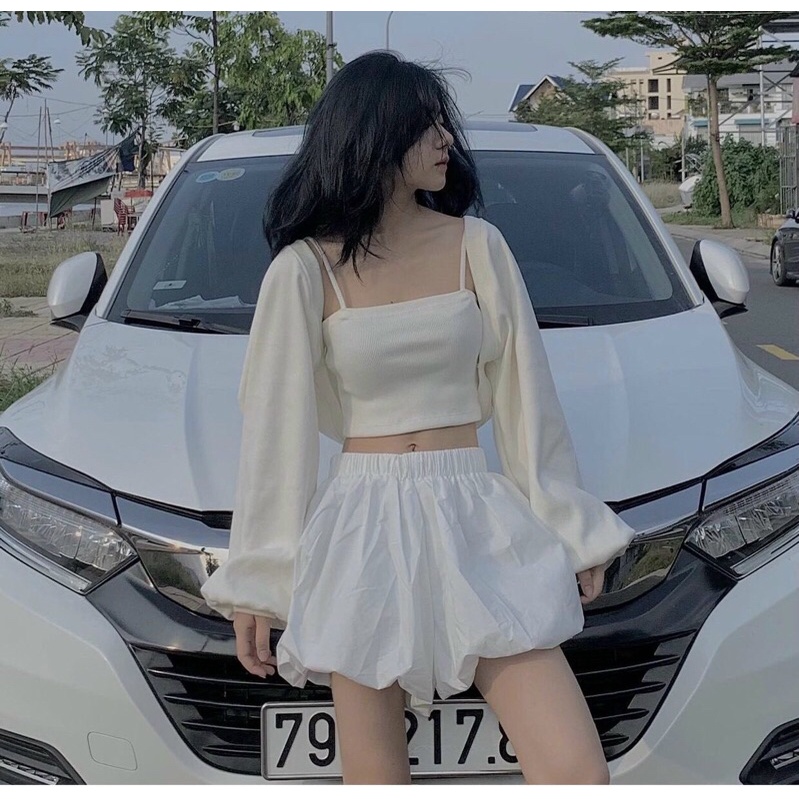 Set áo crop + áo khoác tay phồng