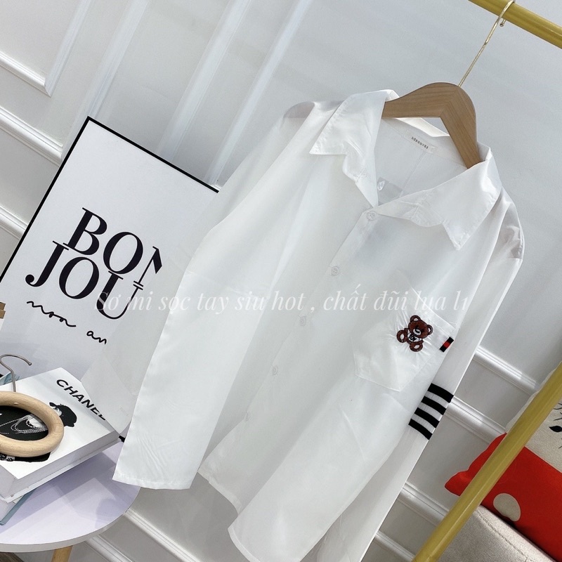 Áo Sơ Mi Thơm Sọc Tay Form Thụng Sơmi Nữ Trắng Thêu Gấu Xịn Sò Ullzzang Hot 2022