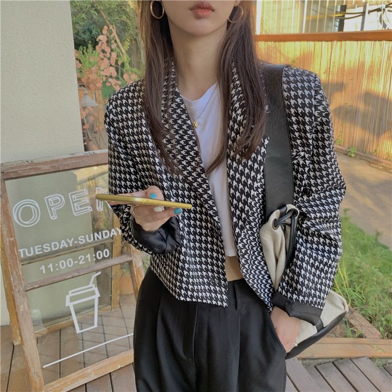 Women's suit jacket Korean version of the houndstooth design niche small fragrance style is thin temperament autumn small suit short style | BigBuy360 - bigbuy360.vn