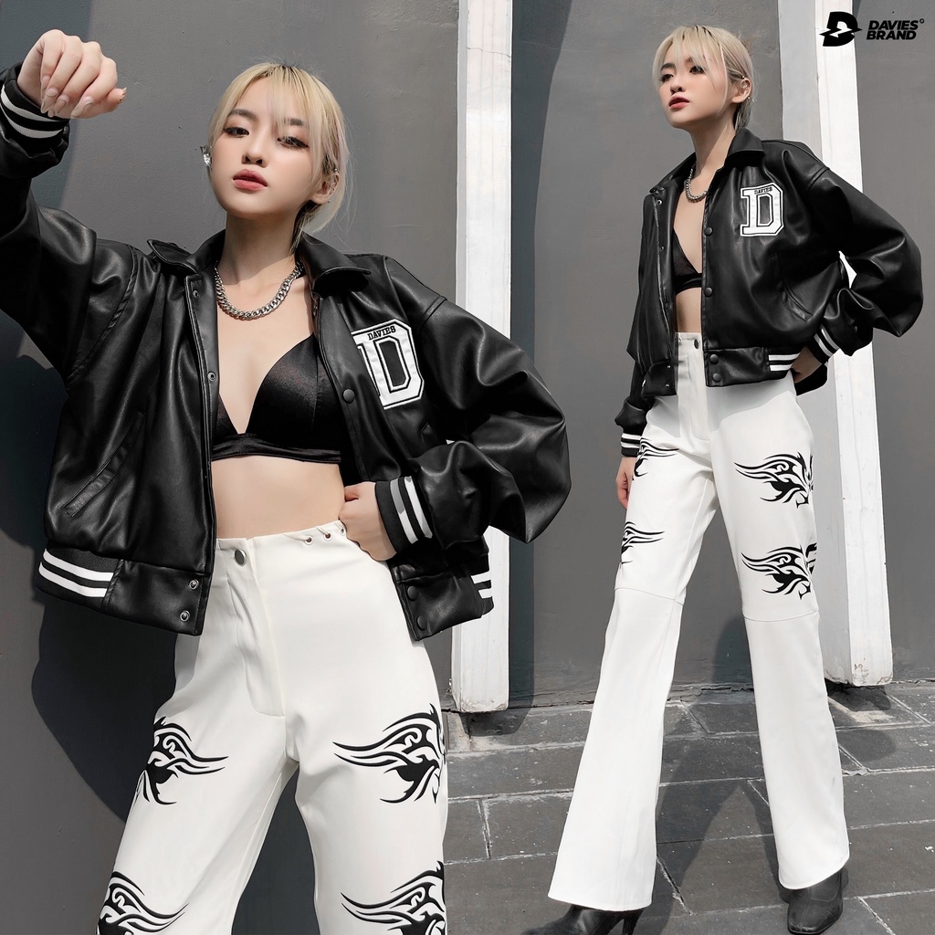 Áo khoác da nữ dáng ngắn local brand Davies Leather Cropped Varsity Jacket| D15-K33