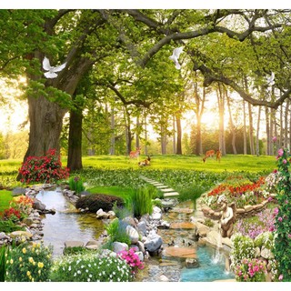 Tranh dán tường 3D phong cảnh rừng cây - vải lụa kim tuyến thiết kế theo yêu cầu