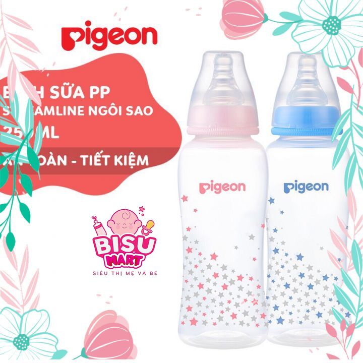 Bình sữa PIGEON, Bình sữa cổ hẹp PP Streamline hình ngôi sao hồng/xanh 250ml (M)