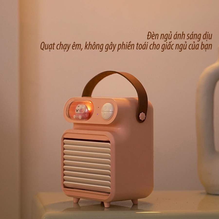 Quạt Điều Hòa Hơi Nước Mini Tích Điện Máy Làm Mát Không Khí  Để bàn 3 Chế độ gió tạo ẩm lọc không khí Đèn ngủ trang trí