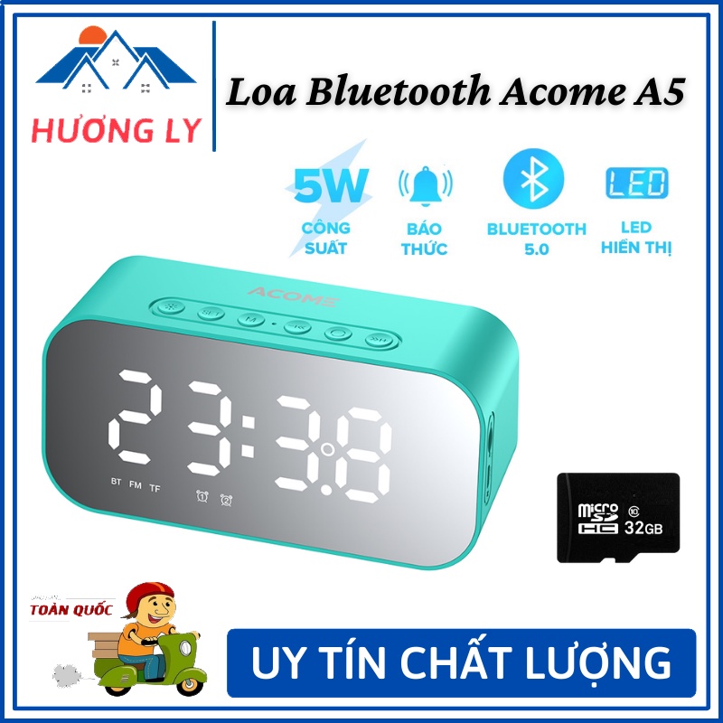 Loa Bluetoth Không Dây Acome A5 5W Màn Hình Led Đồng Hồ Báo Thức - Hồ Trợ Thẻ Nhớ Và Nghe FM - Bảo Hành 12 Tháng