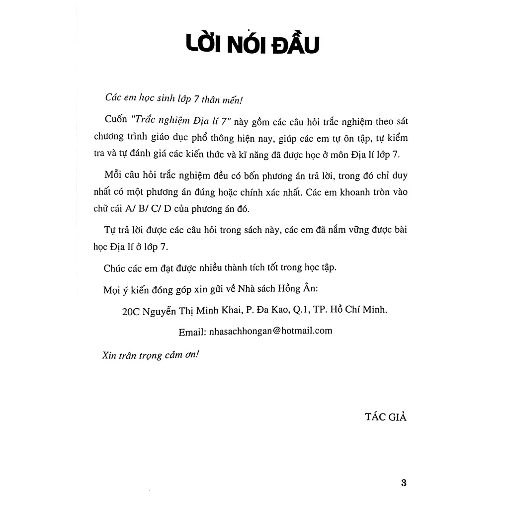 Sách Trắc Nghiệm Địa Lí Lớp 7 (Dùng Chung Cho Các Bộ SGK Hiện Hành)